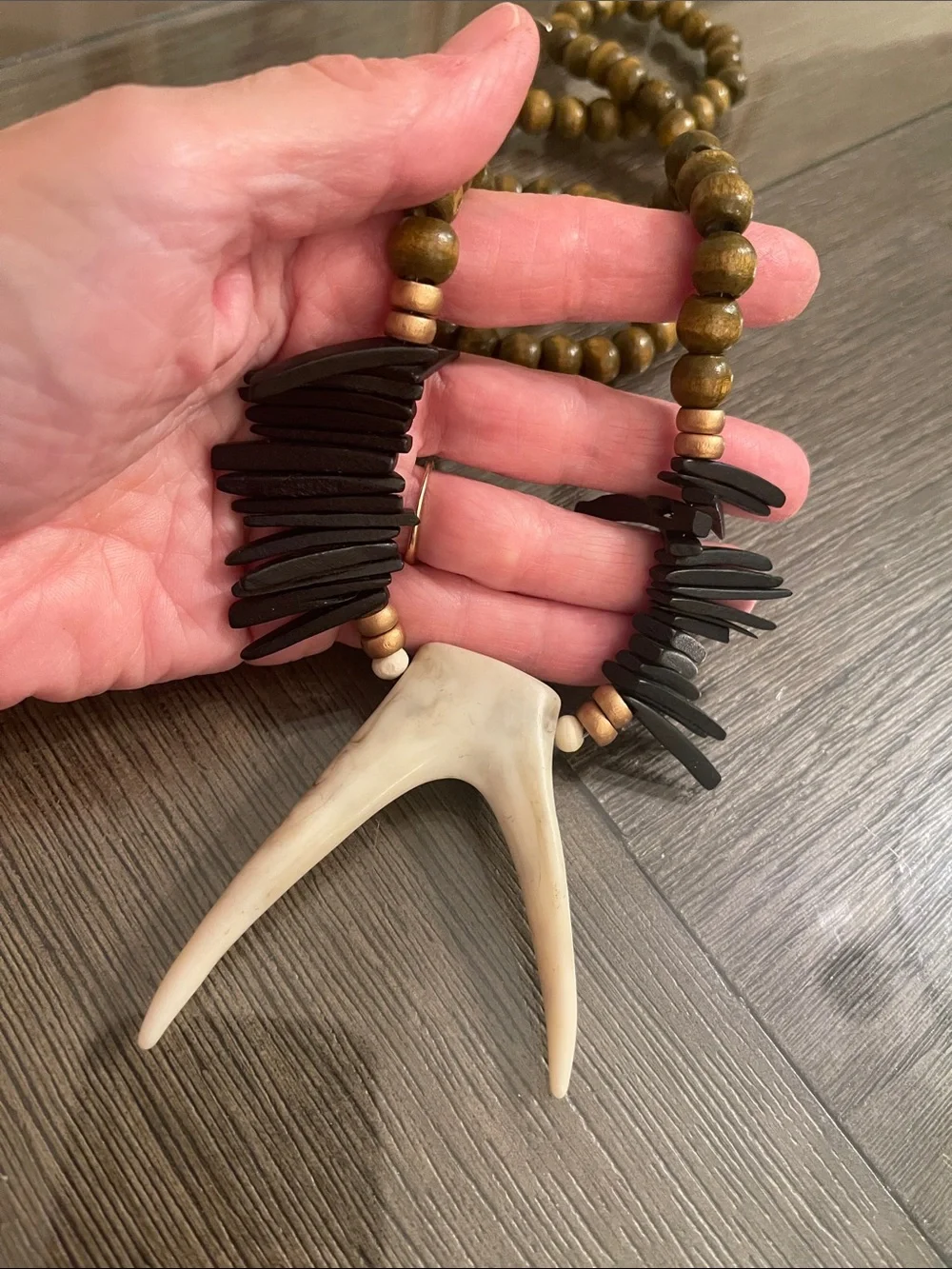 byou Bohemian Wooden Beaded Necklace with Faux Antlers